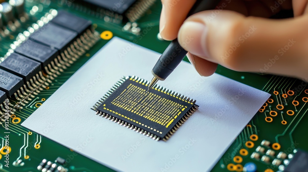 Poster close-up of a hand placing a microchip onto a circuit board, showcasing technology and precision in 