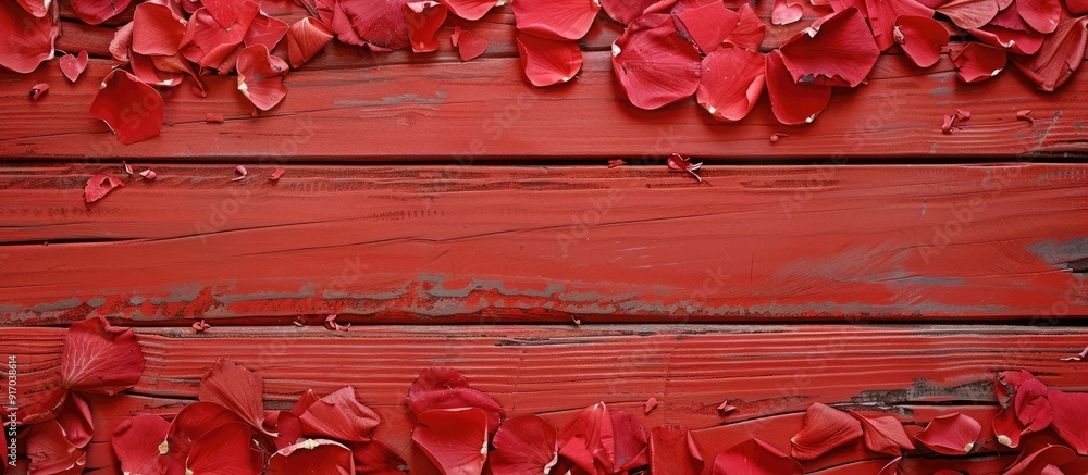 Aufkleber A background of red wood is adorned with a frame of petals and plastic hearts to leave space for adding an image. copy space available