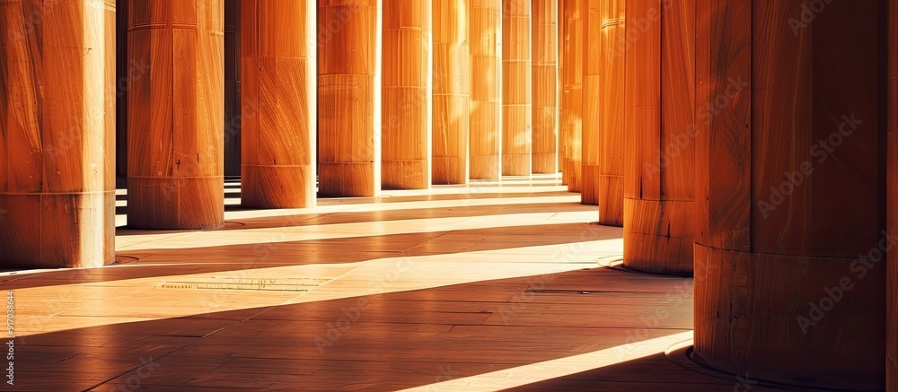 Poster columns made of wood create an artistic play of light and shadow in the copy space image