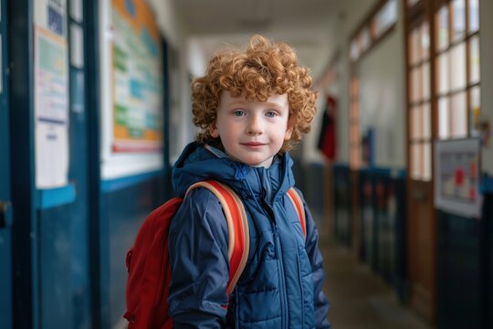 Young boy with curly red hair wearing a blue jacket and carrying a red backpack stands in a school hallway.