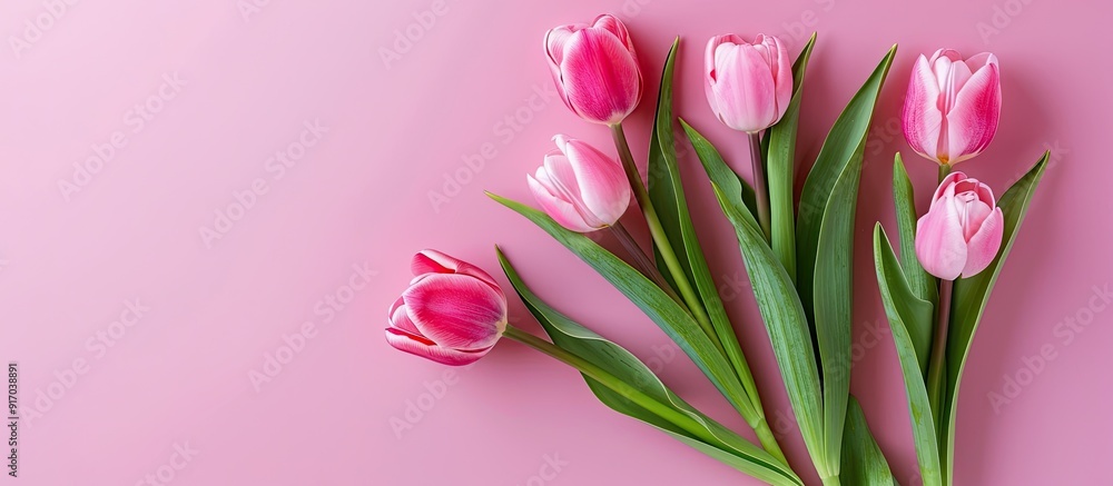 Poster easter themed greeting card featuring tulip flowers on a pink backdrop top down view layout with roo
