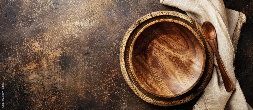 Poster wooden table setting with an empty plate and a napkin against a brown backdrop featuring a wooden bo