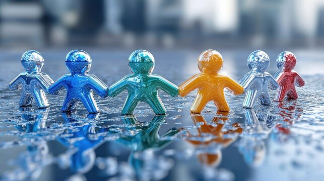 Colorful figurines holding hands, symbolizing unity and friendship, reflected in water for a striking visual impact.