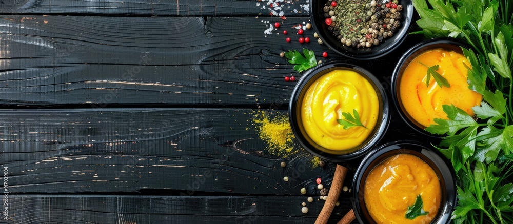 Poster Black wooden background with mustard sauce and spices displayed from a top view providing ample copy space for text in the image
