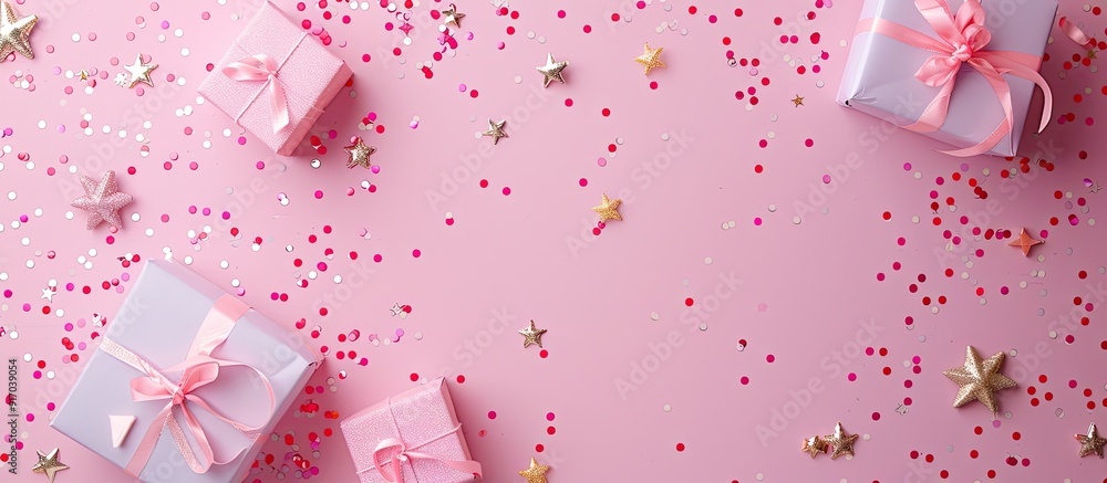 Aufkleber Pink pastel background with confetti stars and a festive vibe is perfect as a backdrop for packages Features closeup details and ample copy space image