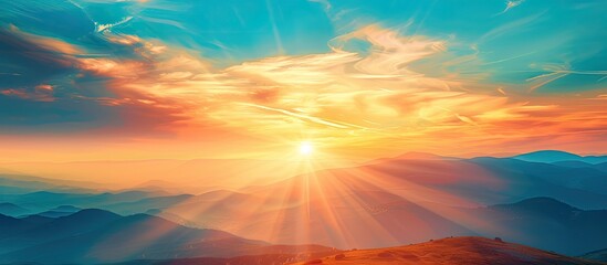 Obraz premium Apicture depicting a stunning sunset landscape the sky is a vibrant mix of bright blue and radiant yellow orange sunlight creating a nature inspired background with a texture suitable for design like