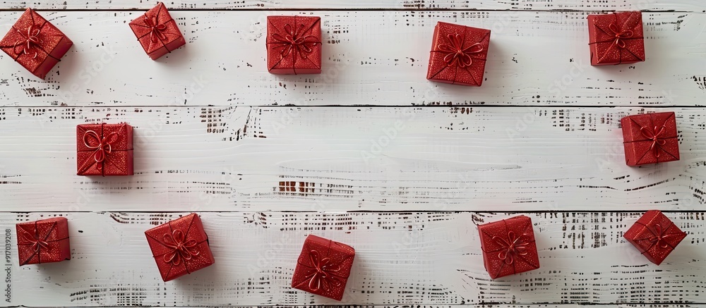 Fototapete Red Christmas gift boxes arranged at the edge of a white wooden panel with space for adding text or images for a complementing look. copy space available