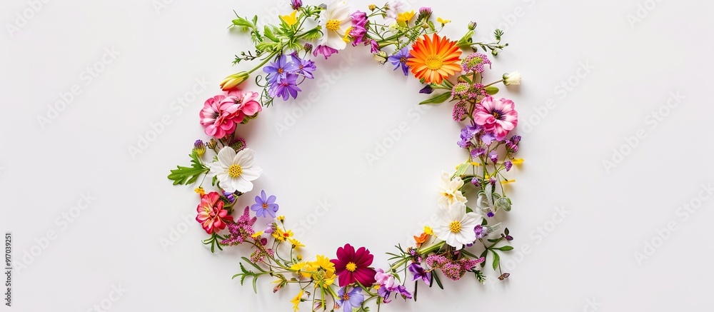 Poster Round frame wreath of spring wildflowers on white background top view flat lay with copy space image