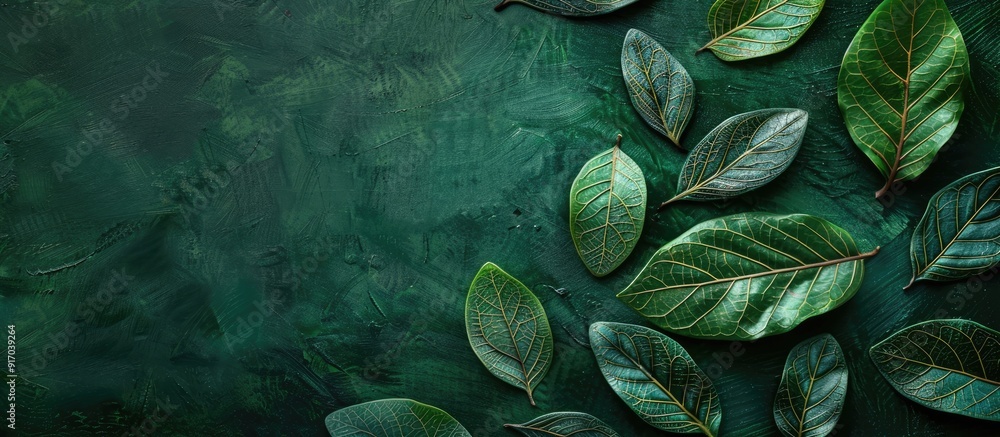 Aufkleber Engraved leaves arranged on a dark green table background with ample copy space image
