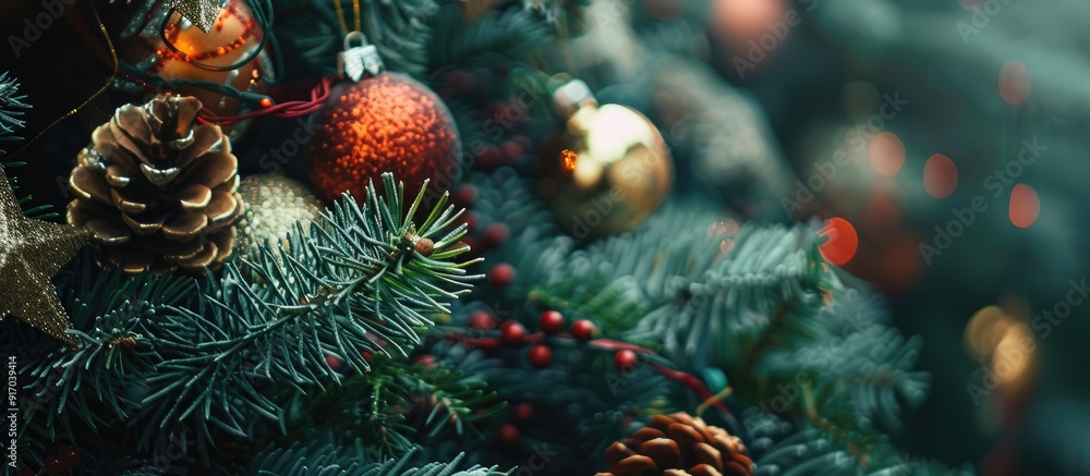 Fototapete close up view of a christmas tree adorned with decorations offering ample copy space image