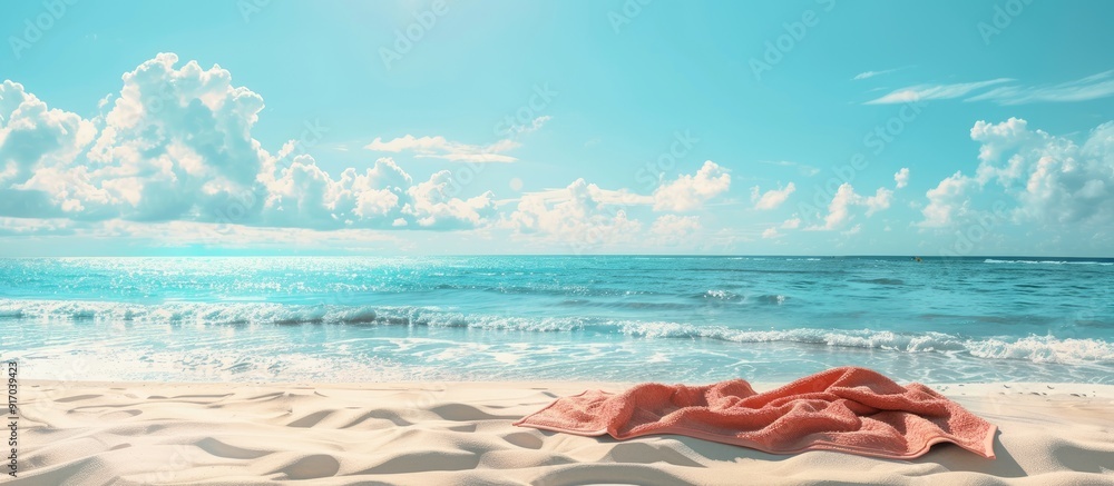 Poster decorative beach scene with ocean view and vacant towel in the frame for your copy space image