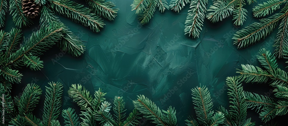 Poster overhead shot of vibrant backdrop using green fir branches featuring new year s theme with copy spac