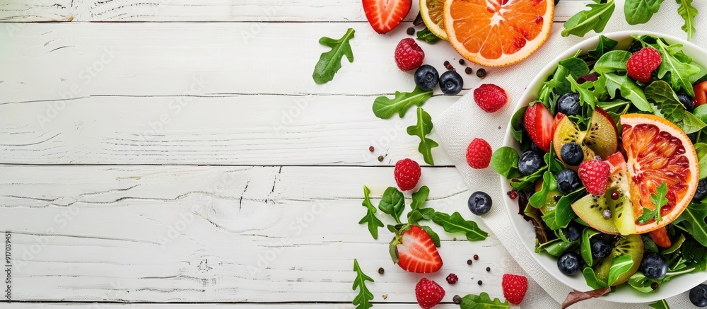 Poster Healthy fresh salad with fruits and greens on a white wooden backdrop captured from above displaying a designated area for text in the copy space image