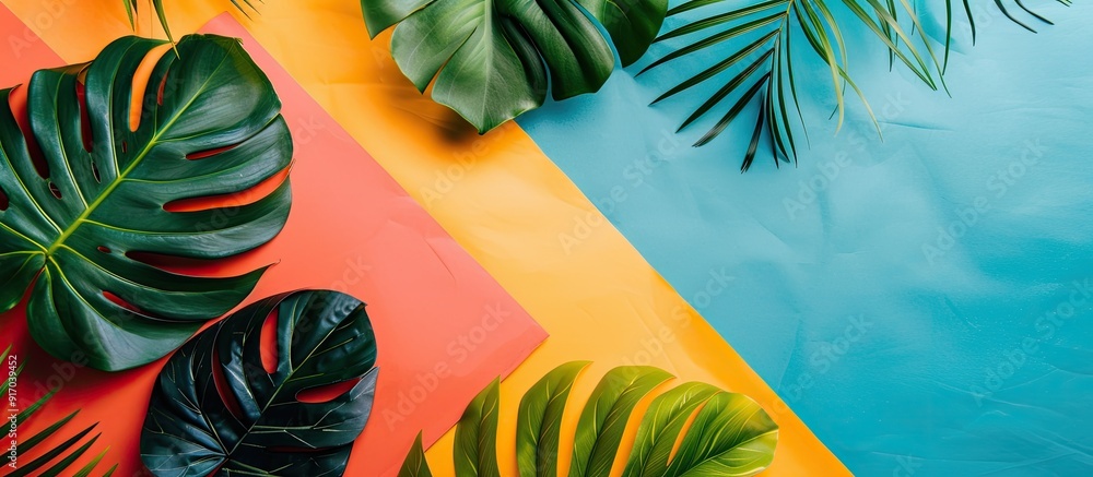 Poster summer flat lay composition featuring tropical leaves on a colorful backdrop providing engaging copy