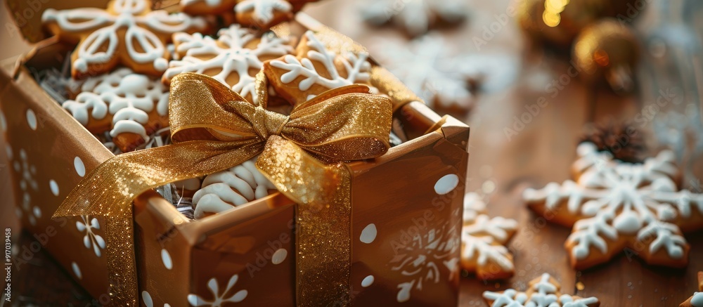 Poster festive gift box with golden bow filled with snowflake shaped cookies featuring a new year s and chr