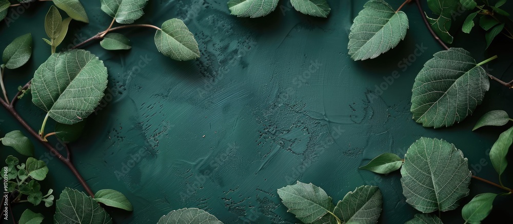 Aufkleber Engraved leaves arranged on a dark green table background with ample copy space image
