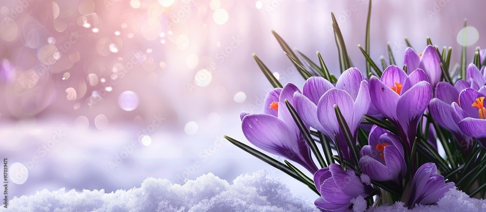 Poster violet crocuses crocus heuffelianus alongside spring snowdrops flowers set against a snowy backdrop 