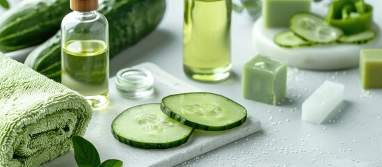 Closeup shot of a cucumber themed spa and hair care set featuring sliced cucumber oil bottles soap a mask jar and a towel against a white board backdrop ideal for a copy space image