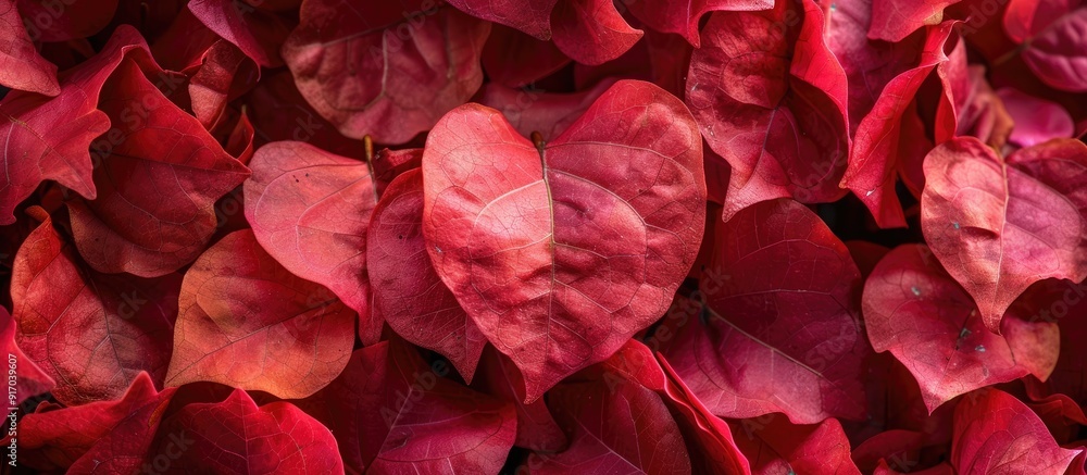 Poster position a heart shaped cluster of bougainvillea petals centrally in the frame leaving ample copy sp