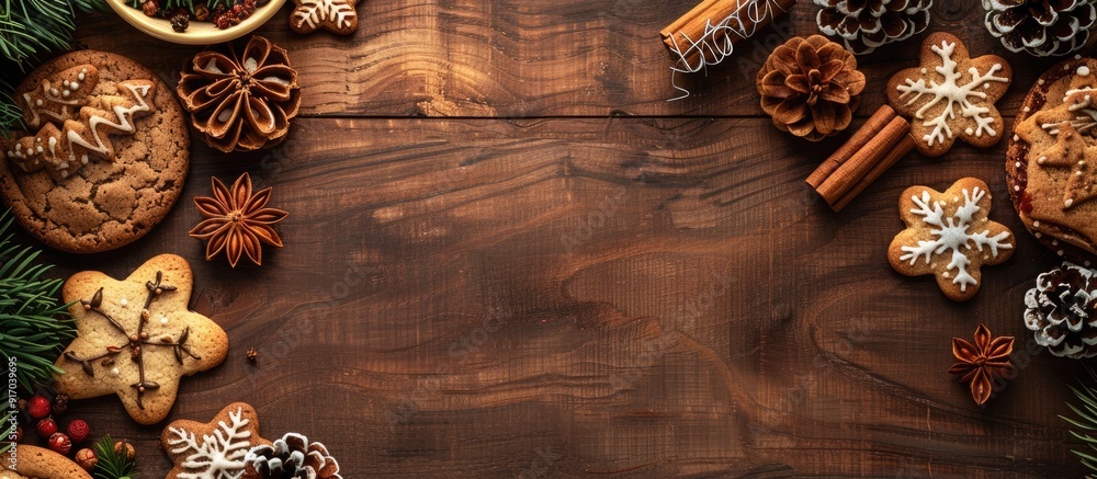 Poster Christmas cookies displayed on a wooden table with a blank space for text or images suitable for a copy space image