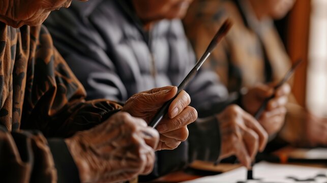 Senior individuals practice chinese or japanese calligraphy in an art class, holding brush pens