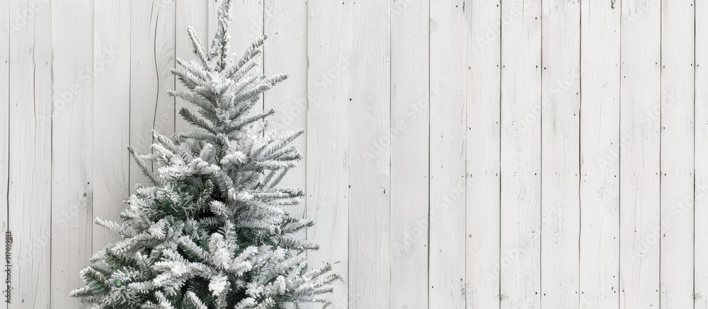 Poster a christmas tree displayed on a white wooden backdrop with ample copy space for text or other elemen