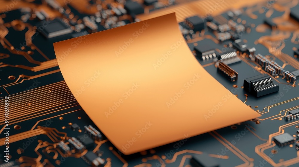 Poster a close-up view of a copper sheet on a circuit board, showcasing intricate electronic components and