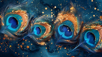 A watercolor design of peacock feathers, vibrant blues, greens, and golds, detailed feather textures, seamless pattern, soft gradients, luxurious and elegant, hd quality, natural look.