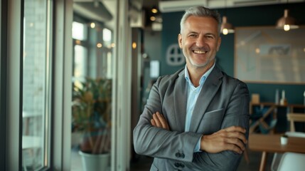 Obraz premium Smiling handsome businessman with crossed arms in modern office, middle-aged gray-haired man exuding confidence, business success concept.