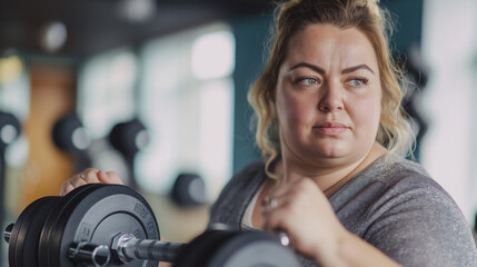 a fatty women exercising with dumbbells