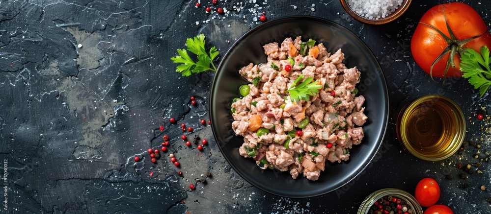 Poster top view of a black bowl with homemade minced chicken on a concrete backdrop complete with cooking i