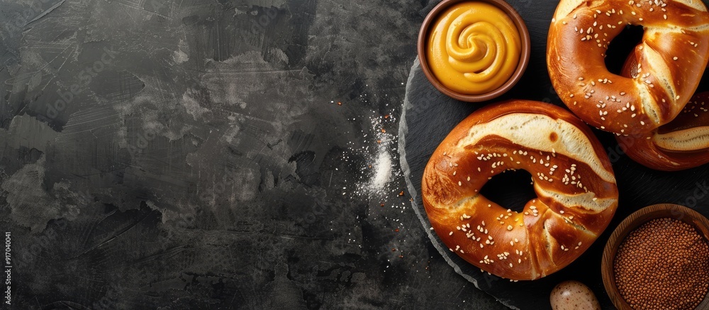 Poster a classic german pretzel is displayed alongside white sausage and mustard on a dark background in a 