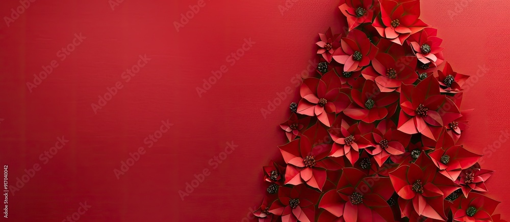 Poster top view of a christmas tree silhouette crafted from red paper decorations with an empty space for i