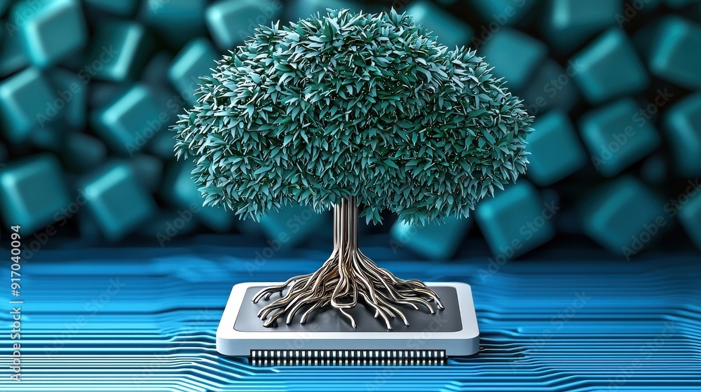 Poster a conceptual illustration of a tree growing from a microchip, symbolizing the fusion of nature and t