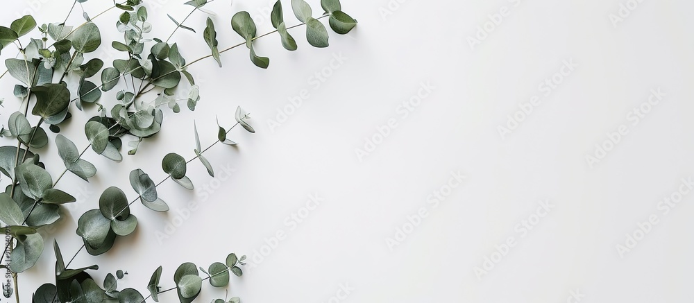 Aufkleber Top down view of a chic notepad paper and green eucalyptus twig on a plain white backdrop creating a feminine layout with copy space image