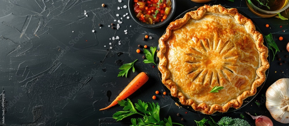 Aufkleber delicious vegetable pot pie surrounded by its ingredients on a black backdrop with a copy space imag