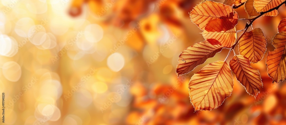 Canvas Prints Autumn themed background with a close up of dried leaves on a tree branch providing copy space image