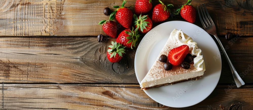 Poster coffee and cheesecake with strawberries on a wooden background ideal for adding text over for social