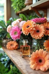 Fototapeta premium Perfume bottle among blooming flowers, displaying floral scent of cosmetic product in vibrant show