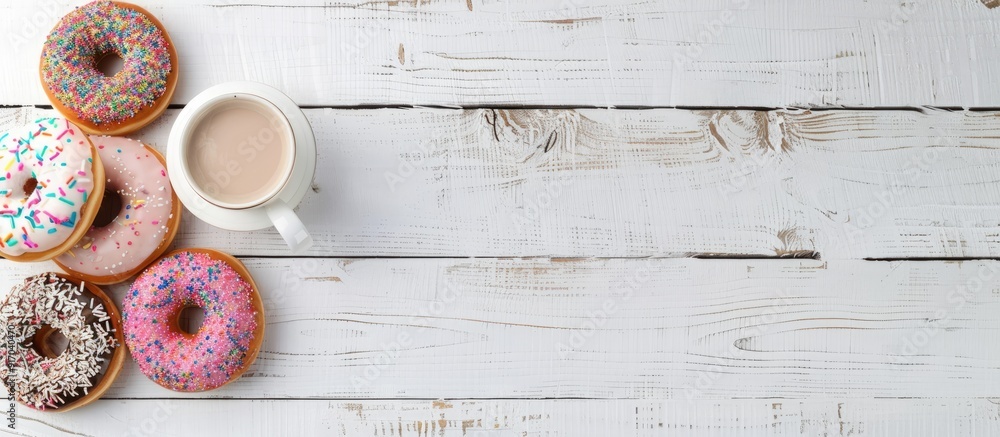 Poster donuts and coffee cup arranged on a white wooden surface seen from above with empty space for text o