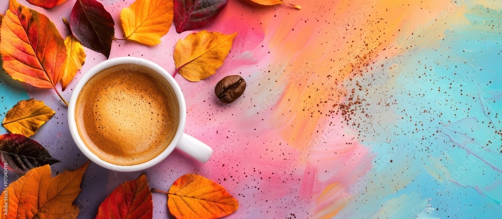 Poster Autumn leaves surrounding a cup of coffee on a colorful background with a vast copy space image