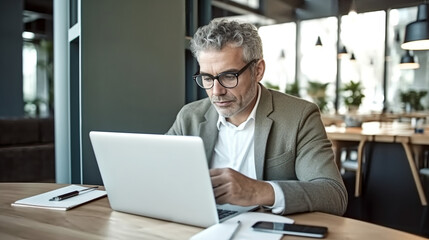 Fototapeta premium A middle-aged man in glasses is sitting at a table with his laptop and papers, looking thoughtful while working on an online project for work or home decoration. 