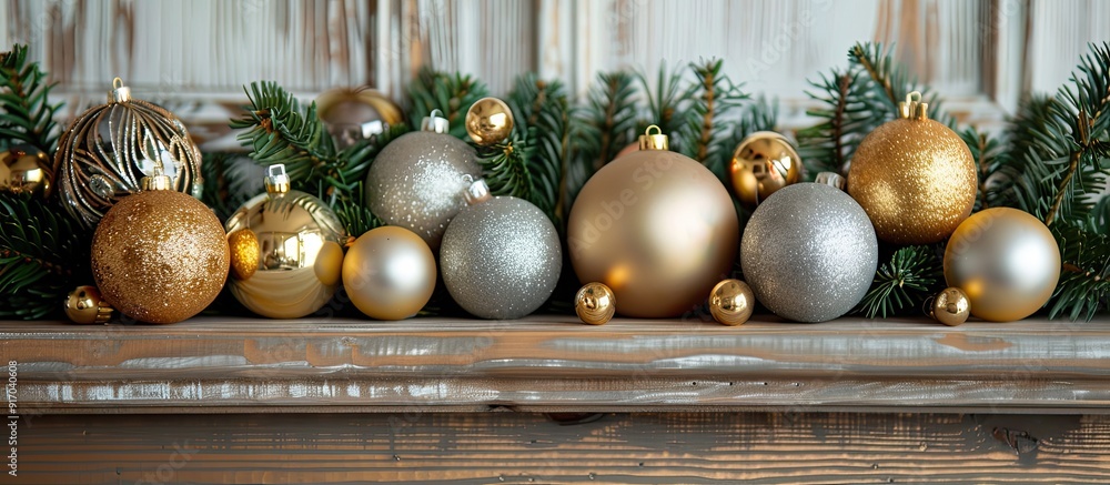 Leinwandbilder a spruce branch on the mantelpiece holds golden and silver christmas ornaments and balls creating a 