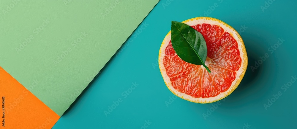 Poster Copy space image with a background showing a grapefruit half placed on a blend of green blue and mint colors viewed from the top