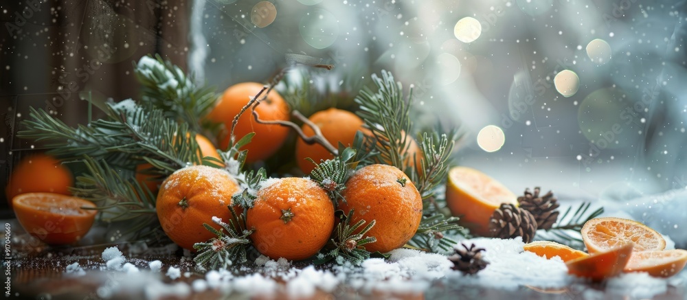 Poster winter themed background featuring tangerines a fir branch wreath and selective focus for copy space