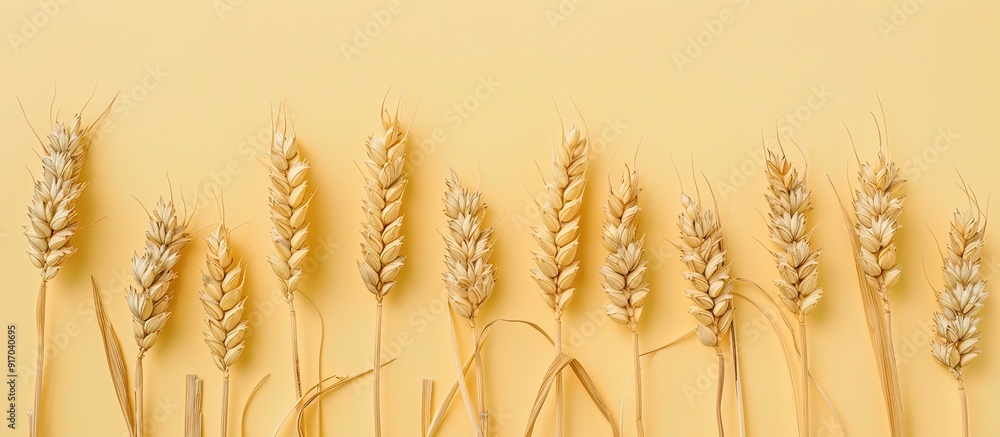 Poster Close up copy space image of golden wheat and rye ears arranged in rows against a light yellow background