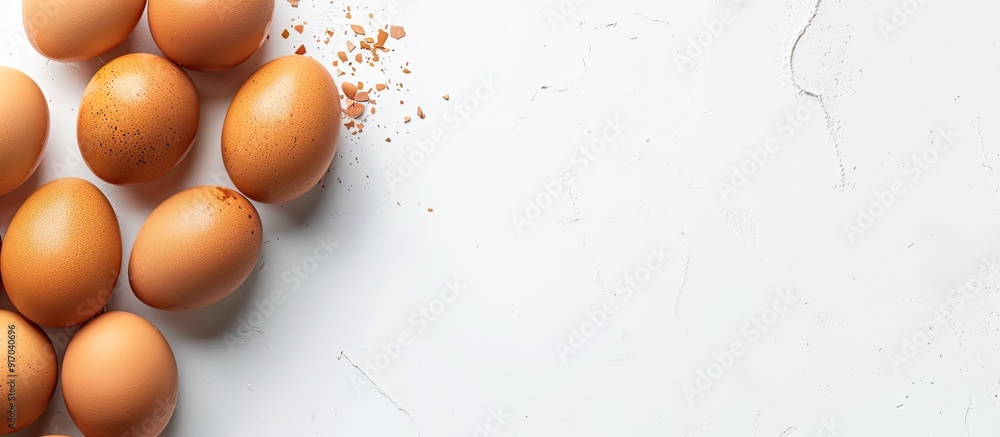Poster White background with a blank space for your text showcasing raw chicken eggs. copy space available