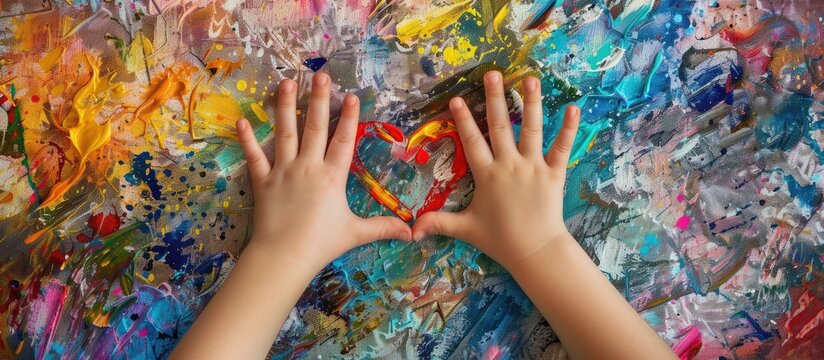 Aerial view of hands of child creating a heart shape colorful with copy space image
