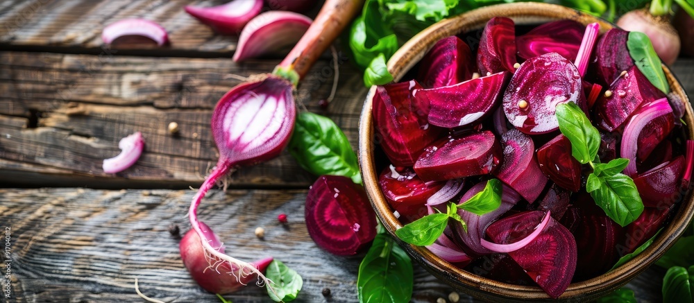 Poster Healthy beet salad on a rustic table with copy space image of fresh vegetables for a balanced diet and snack option