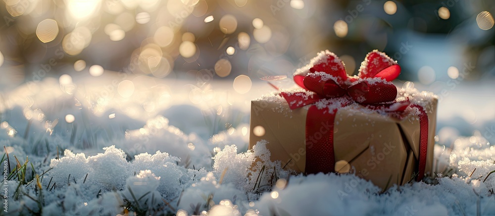Fototapete close up view of a gift box with a ribbon in the snow on the left side featuring a copy space image